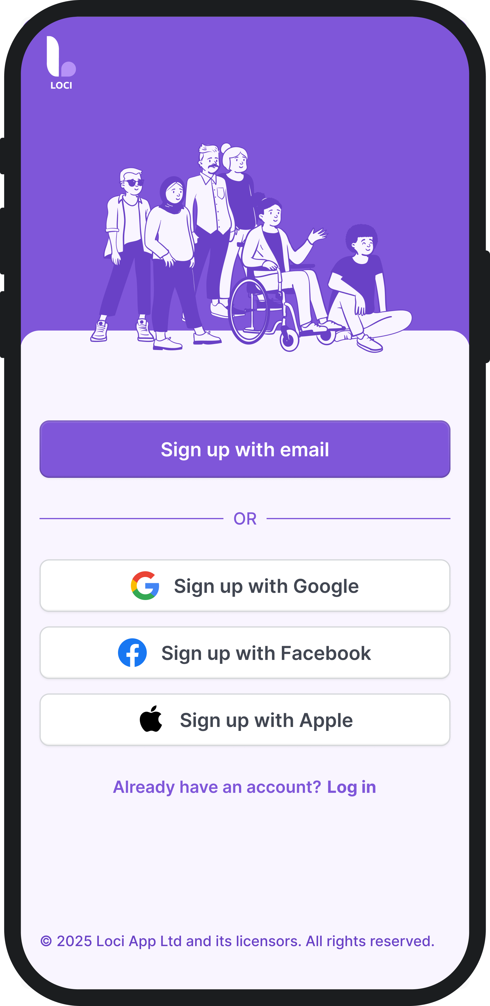 Loci sign-up screen