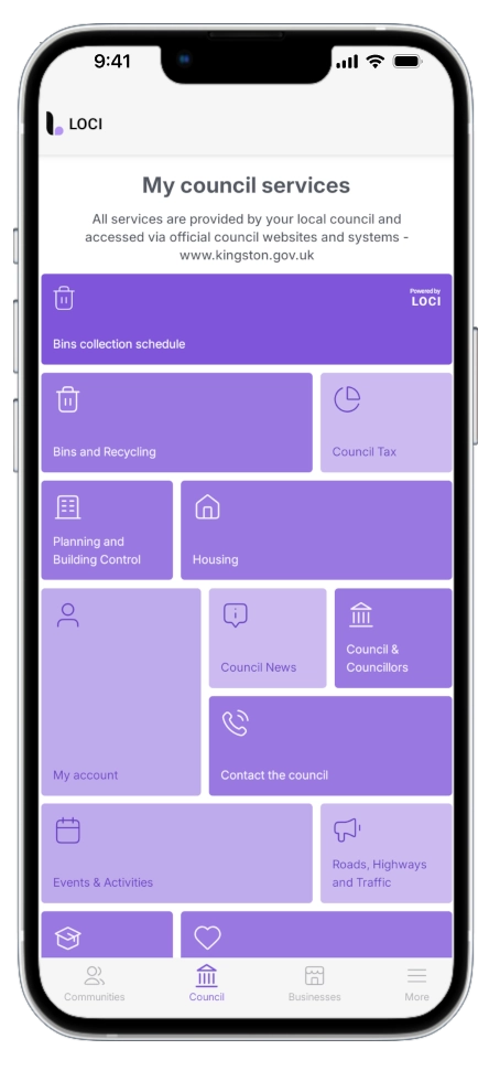 Council tab showing the Bins collection schedule tile