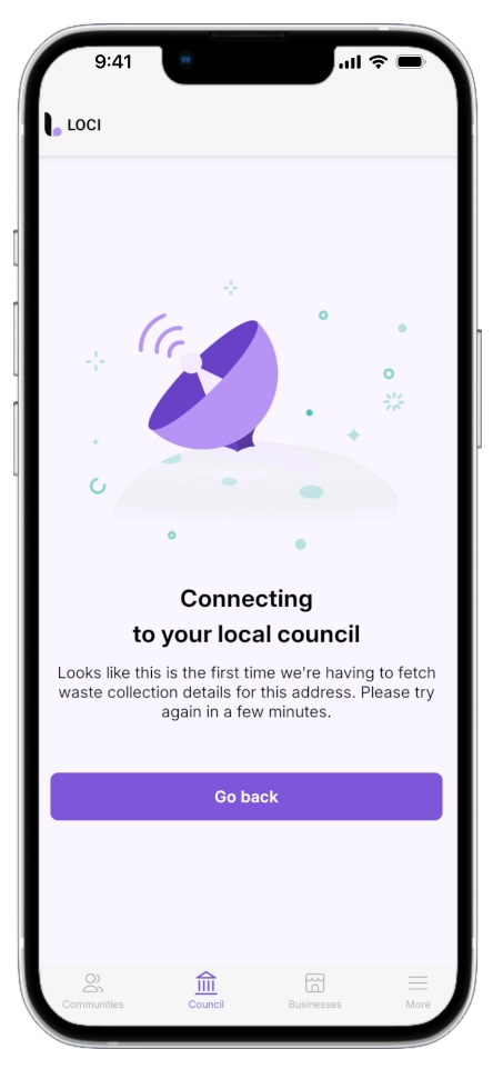 Address selection screen for bin collection schedules