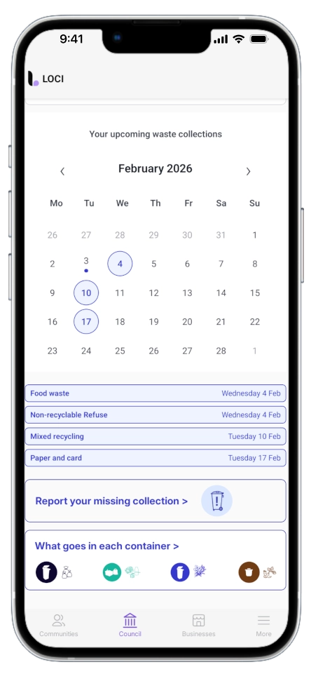Bin collection calendar showing upcoming collection dates