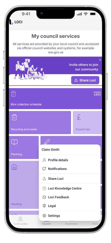 Profile details option in the Loci app