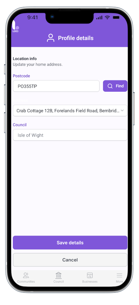 Address search and save details screen in the Loci app
